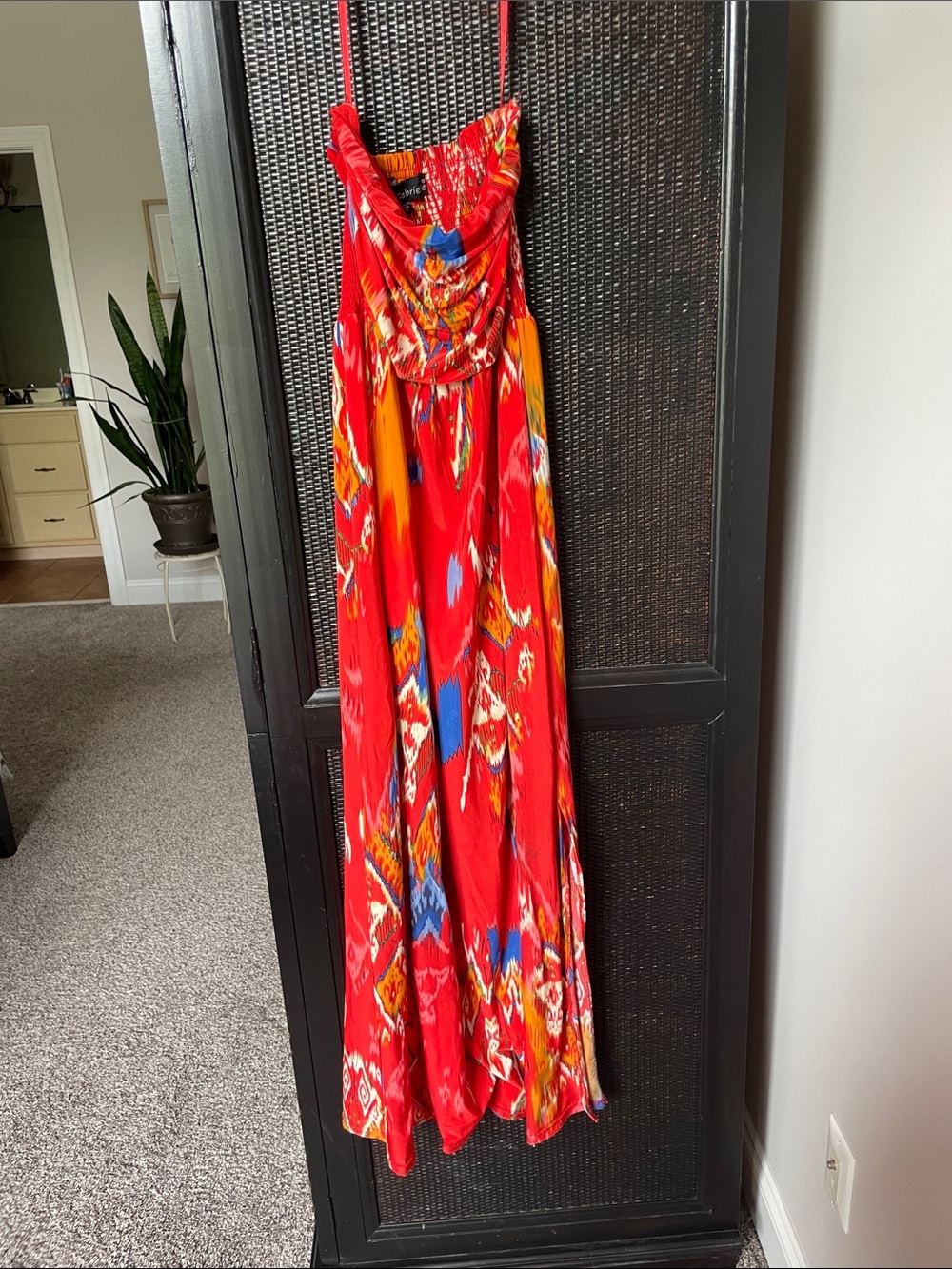 Mlle Gabrielle Red Printed Maxi Dress, side slit with Multicolor Accents